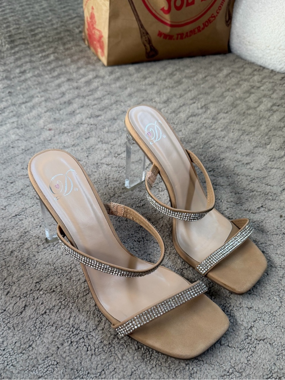 Nude Rhinestone Square-Toe Clear Block Heel Sandals